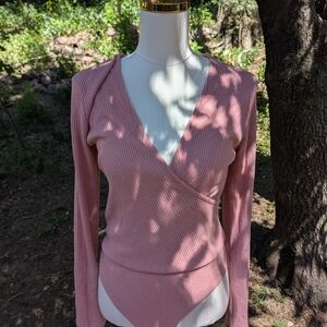 Express Pink Ribbed Long Sleeve Wrap Top Bodysuit